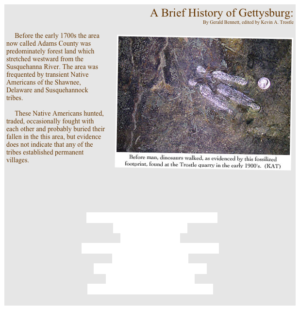 A Brief History of Gettysburg:
By Gerald Bennett, edited by Kevin A. Trostle￼					     Before the early 1700s the area now called Adams County was predominately forest land which stretched westward from the Susquehanna River. The area was frequented by transient Native Americans of the Shawnee, Delaware and Susquehannock tribes.

     These Native Americans hunted, traded, occasionally fought with each other and probably buried their fallen in the this area, but evidence does not indicate that any of the tribes established permanent villages.





Start -> THE COLONIAL PERIOD
FEDERAL PERIOD
ANTEBELLUM
GETTYSBURG IN THE CIVIL WAR
EARLY POST WAR
EVOLVING TOURIST TOWN
BETWEEN THE WARS
WW II AND THE MODERN ERA
